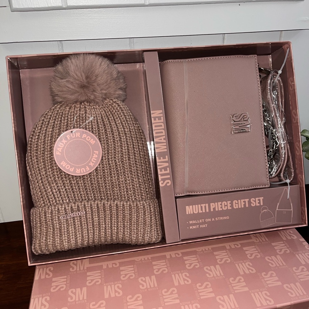 Steve Madden Pink and Tan Knit Hat with Pom and Wallet Set